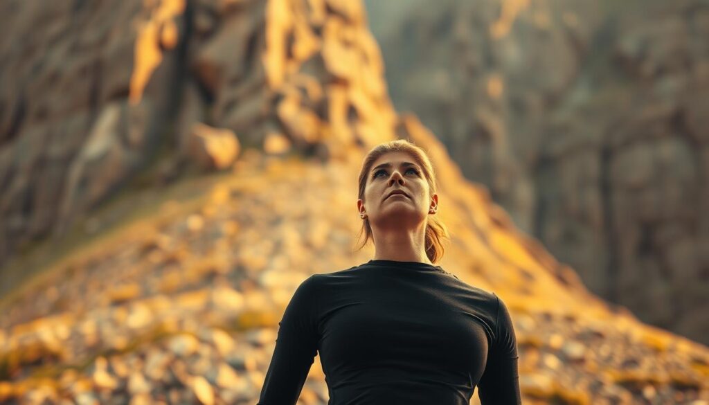 A woman stands resolute, facing a towering obstacle in her path. The foreground captures her steely determination, her gaze unwavering as she prepares to overcome the challenge before her. The middle ground reveals the nature of the obstacle - a steep, rocky incline representing the wellness challenges she must surmount. The background is softly blurred, emphasizing the focus on the woman's struggle. Warm, golden lighting illuminates the scene, casting a hopeful glow and suggesting her resilience. The overall mood is one of perseverance, showcasing the strength and resolve required to push past the barriers impeding her wellness journey.