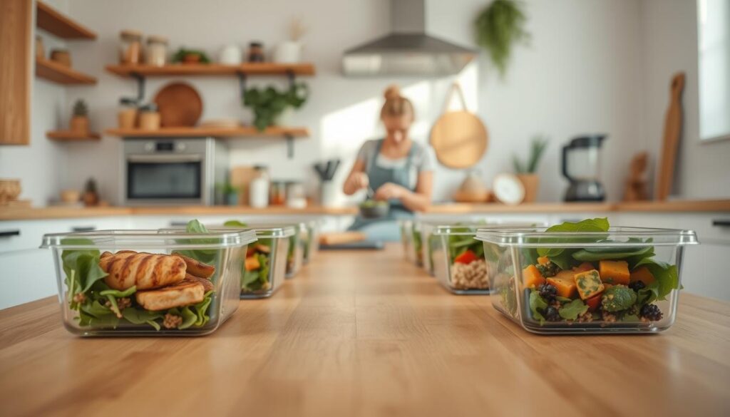 An airy, well-lit kitchen with a wooden table in the foreground, neatly arranged meal prep containers filled with colorful, wholesome ingredients like fresh greens, grilled chicken, quinoa, and roasted vegetables. In the middle ground, a person meticulously portioning out servings, conveying a sense of organization and attention to detail. The background features a clean, minimalist countertop with jars of spices, a blender, and other healthy cooking tools, suggesting a holistic approach to meal preparation. The overall mood is calm, focused, and inspiring, capturing the essence of meal prep strategies for clean eating success.