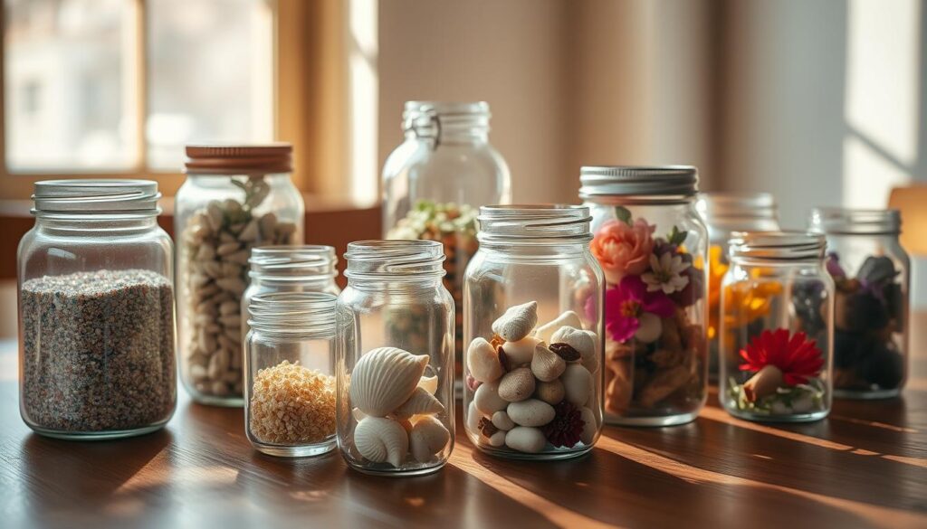 An assortment of glass jars of various sizes, shapes, and colors sit on a wooden table, casting soft shadows. The jars are filled with an array of materials perfect for creating a mindfulness jar - shimmering glitter, delicate seashells, smooth river rocks, and vibrant dried flowers. Warm, natural lighting from a window illuminates the scene, highlighting the texture and translucency of the jar contents. The overall atmosphere is calm, serene, and inviting, reflecting the peaceful purpose of the mindfulness jar.