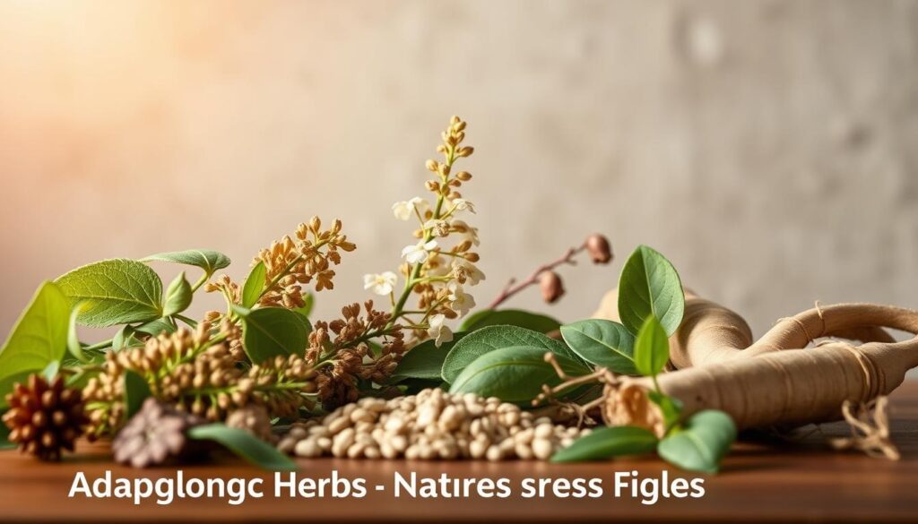 An elegant still life capturing the essence of adaptogenic herbs for natural fatigue relief. In the foreground, an assortment of botanical specimens - ashwagandha, rhodiola, and Asian ginseng - arranged with care against a soft, textured background. Warm, indirect lighting illuminates the vibrant colors and delicate details of the plant materials, inviting the viewer to appreciate their soothing, restorative properties. The composition is balanced and harmonious, evoking a sense of calm and tranquility, perfectly suited to illustrate the "Adaptogenic Herbs: Nature's Stress Fighters" section of the article.