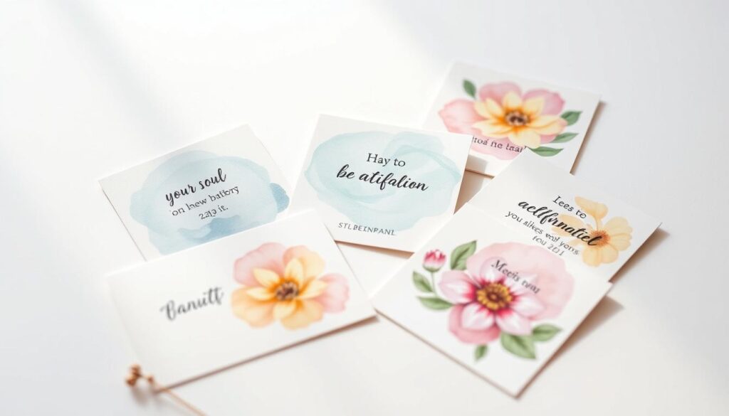 Beautifully designed mindfulness cards with intricate hand-painted artwork, featuring delicate floral motifs and calming color palettes. The cards are arranged artfully on a minimalist white background, allowing the vibrant colors and intricate brushstrokes to take center stage. Soft, diffused lighting creates a serene, meditative atmosphere, while a slight depth of field emphasis draws the viewer's attention to the tactile quality of the cards. The overall composition conveys a sense of tranquility and inner reflection, perfectly encapsulating the essence of printable affirmation cards for daily use.