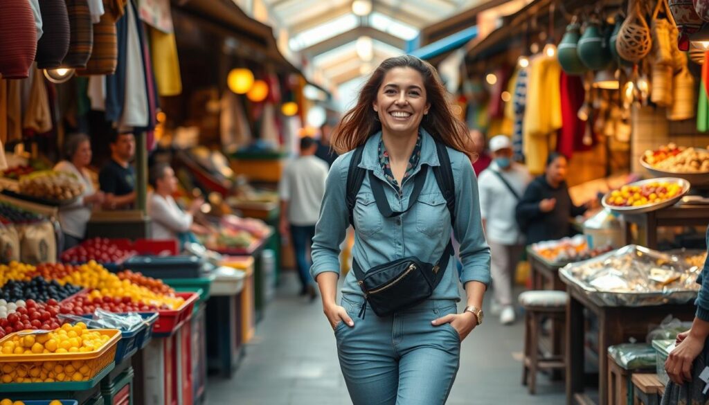 Confident solo female traveler walking through market Confident solo female traveler walking through market