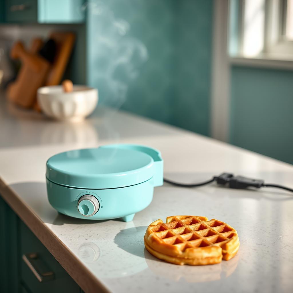 Dash Mini Waffle Maker in aqua color making a small round waffle