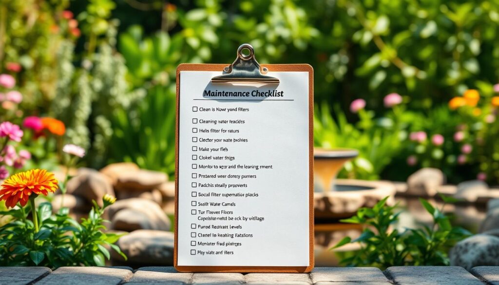 Detailed backyard water feature maintenance checklist displayed on a clipboard against a vibrant natural backdrop. Lush greenery, flowering plants, and a well-maintained water feature create a serene, tranquil ambiance. Soft, natural lighting illuminates the scene, casting gentle shadows. The clipboard showcases a comprehensive list of tasks, including cleaning filters, checking pump functionality, and monitoring water levels. The overall composition conveys a sense of careful attention and dedication to preserving the beauty and function of the water feature.
