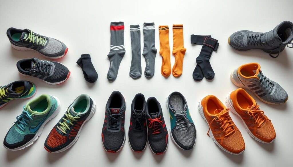 Detailed gym accessories for footwear on a minimalist all-white background. In the foreground, an assortment of athletic shoes, including running sneakers, cross-training shoes, and weightlifting boots, arranged in a visually appealing pattern. In the middle ground, a selection of gym socks, compression sleeves, and ankle braces in complementary colors. The background features subtle, soft lighting, creating a clean, professional look suitable for a magazine editorial spread.