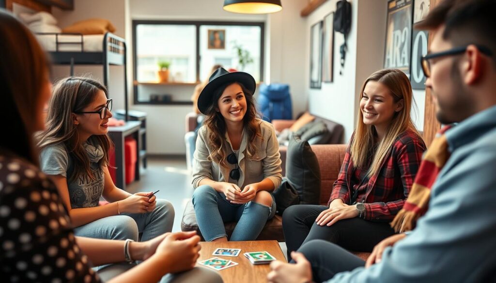 Group of travelers socializing at hostel common area Group of travelers socializing at hostel common area