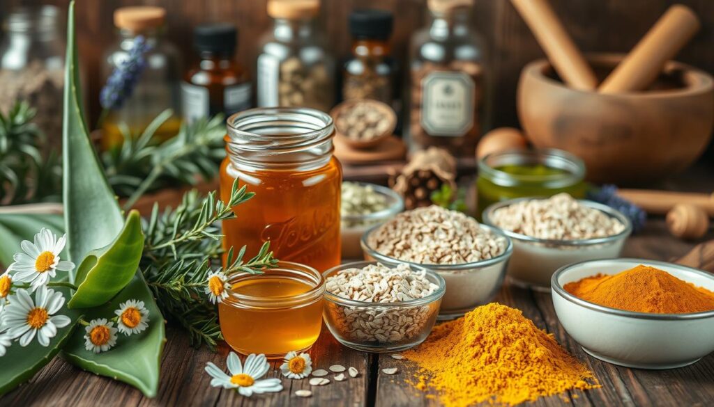Intricate still life arrangement of natural skincare ingredients on a rustic wooden table. Close-up, soft focus, warm lighting. Foreground features an assortment of organic botanicals - aloe vera leaves, chamomile flowers, jars of honey and coconut oil, with sprigs of rosemary and lavender. Middle ground has bowls of crushed oats, ground cinnamon, and powdered turmeric. Background has blurred jars of essential oils, dried herbs, and a mortar and pestle. Conveys a sense of wholesome simplicity and artisanal craftsmanship.