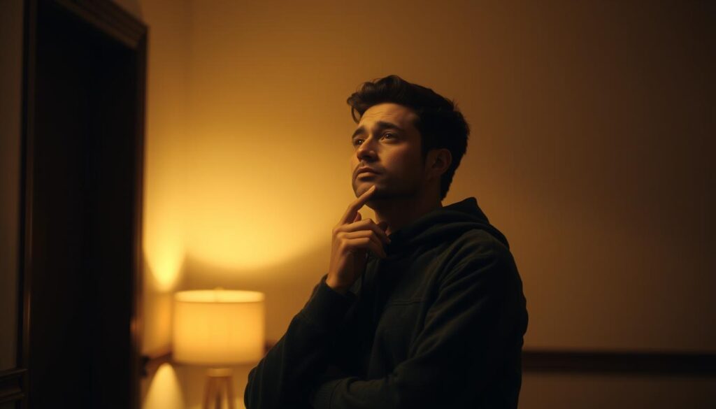 Introspective individual contemplating their willpower, standing in a serene, softly lit indoor setting. Warm, muted tones create a pensive atmosphere. The figure is positioned in a thoughtful stance, hand on chin, brow furrowed, deep in concentrated self-reflection. Subtle highlights accentuate the face, drawing the viewer's attention to the character's expression of determination. The background is blurred, with minimal distractions, allowing the subject's inner journey to take center stage. Cinematic, 50mm lens perspective captures a sense of intimacy and personal discovery.