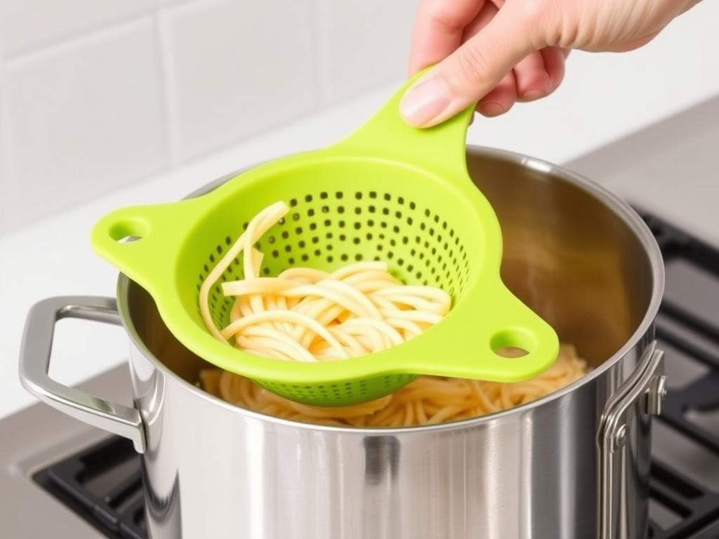 Kitchen Gizmo Snap N Strain silicone strainer attached to a pot