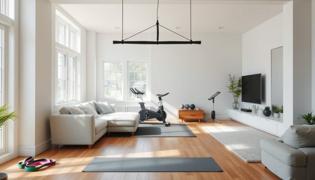 Multifunctional home gym design with an open floor plan and natural light. Sleek exercise equipment arranged in a cozy living room setting, blending seamlessly with modern furniture and decor. Wooden flooring, white walls, and expansive windows create a bright, airy atmosphere. A suspended pull-up bar intersects the space, complementing a yoga mat and resistance bands in the foreground. In the background, a compact weight rack stands next to a minimalist exercise bike, all bathed in soft, diffused lighting to evoke a serene, motivational ambiance.