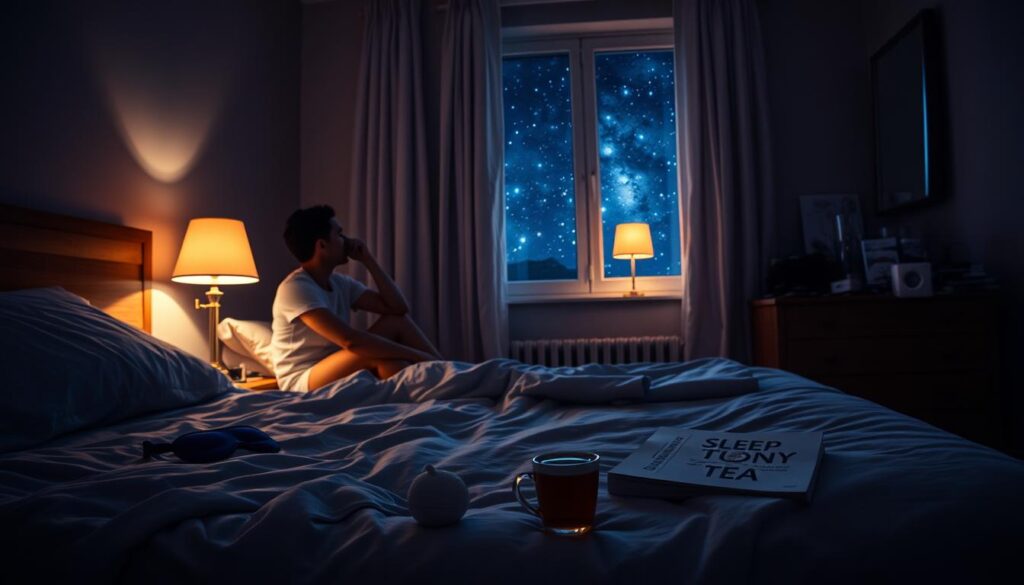 Nighttime routine challenges solutions: A dimly lit bedroom, the soft glow of a bedside lamp casting shadows on the walls. In the foreground, a person sits on the edge of the bed, deep in thought, surrounded by scattered items - a sleep mask, a cup of herbal tea, and a book on relaxation techniques. The middle ground features a cluttered nightstand, with an assortment of sleep aids and electronics, hinting at the struggles of achieving a restful night. In the background, a window reveals a starry night sky, symbolizing the calm and serenity that the person seeks. The overall atmosphere is one of contemplation and the search for solutions to common nighttime routine challenges.