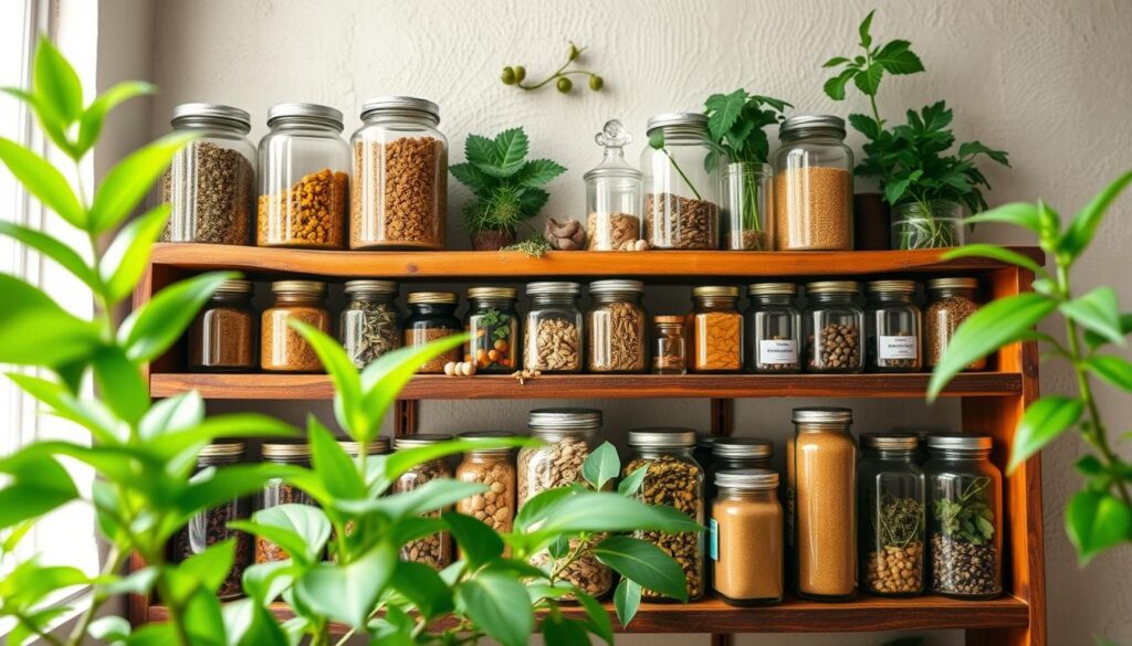 Pinterest-perfect natural medicine cabinet with glass jars and herbs