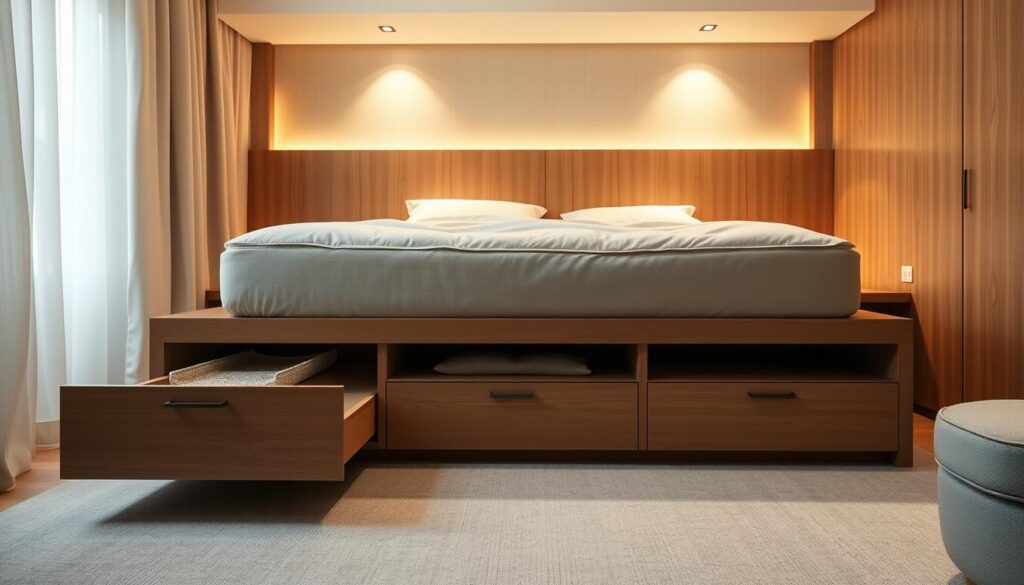 Platform beds with built-in storage, elegantly designed with a minimalist aesthetic. The frame features clean lines and a low profile, topped with a plush mattress. Drawers and shelves seamlessly integrated into the base provide ample storage space, optimizing the room's layout. Warm, indirect lighting emanates from recessed fixtures, casting a cozy glow. The scene is captured from a slightly elevated perspective, showcasing the bed's proportions and functional design. Neutral tones and natural materials, such as wood and fabrics, create a serene and inviting atmosphere, perfectly suited for a restful bedroom sanctuary.