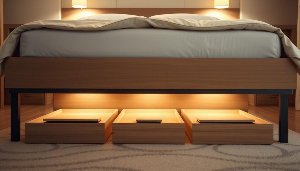Sleek and stylish under-bed storage containers in a well-lit, modern bedroom. Rectangular units with clean lines, made of natural wood or neutral-toned materials, neatly arranged in a row underneath a low-profile bed frame. Soft, diffused lighting from overhead fixtures casts a warm glow, highlighting the minimalist design. The containers' lids are slightly ajar, hinting at the hidden storage potential below the bed. The scene conveys a sense of efficient organization and a clutter-free, tranquil atmosphere.