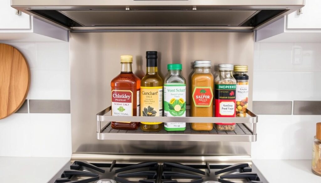 StoveShelf Magnetic Shelf attached to a stove with spices and cooking oils