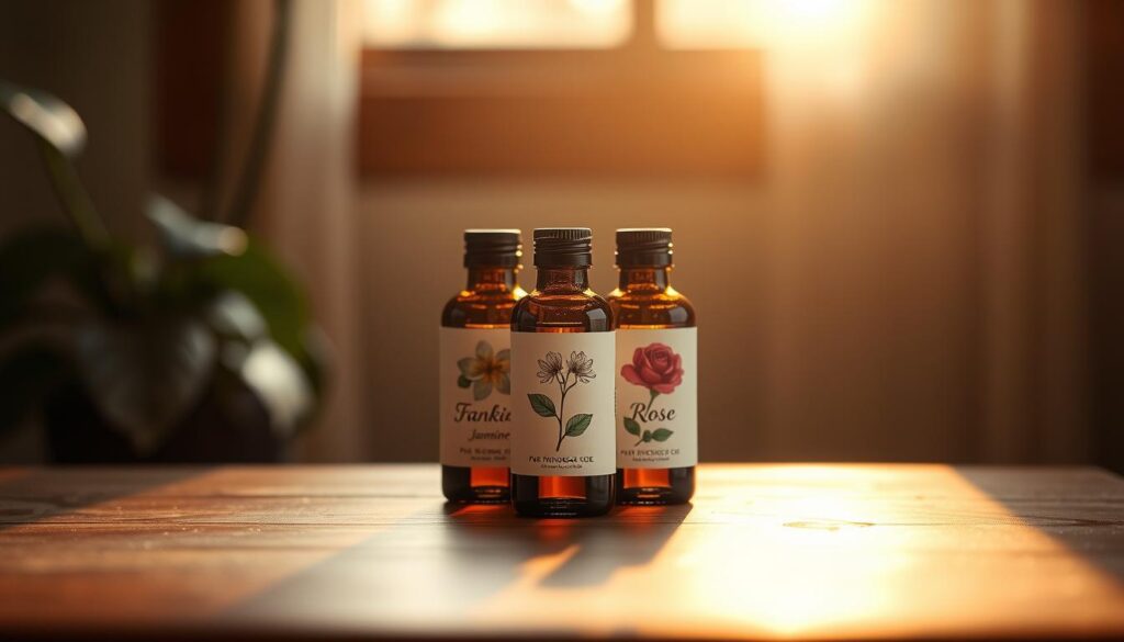 Tranquil scene of three delicate glass bottles containing pure essential oils - frankincense, jasmine, and rose - atop a wooden table, bathed in soft, warm lighting. Intricate botanical illustrations of the flowers and herbs adorn the labels. The bottles are arranged in a harmonious, centered composition, conveying a sense of balance and calm. The overall mood is one of serene relaxation, inviting the viewer to experience the restorative effects of these aromatherapy essences on mental and emotional wellbeing.