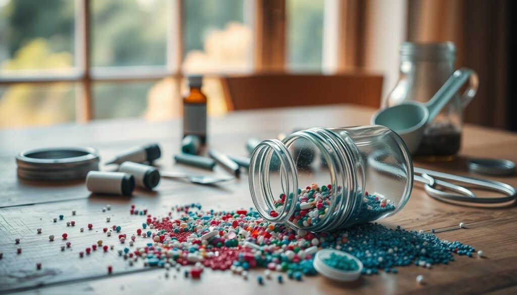 Troubleshooting DIY relaxation jar issues: a detailed scene showcasing various components of a mindfulness jar laid out on a wooden table. In the foreground, a half-assembled jar with glitter, beads, and essential oils spilled around it, conveying a sense of disarray. In the middle ground, a set of tools - tweezers, scissors, and a funnel - suggesting the process of fixing the jar. The background features a soothing, out-of-focus nature scene through a window, hinting at the jar's intended purpose of promoting mindfulness and relaxation. Soft, natural lighting casts a warm, contemplative mood over the tableau.
