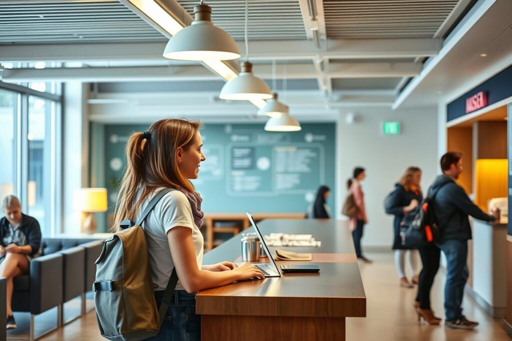 Woman checking in at a hostel reception Woman checking in at a hostel reception