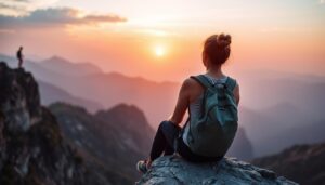 Woman enjoying sunset view while solo traveling