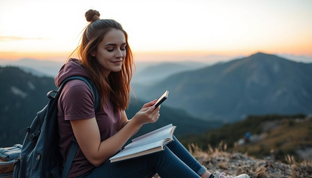 Woman journaling at scenic viewpoint during solo travel Woman journaling at scenic viewpoint during solo travel