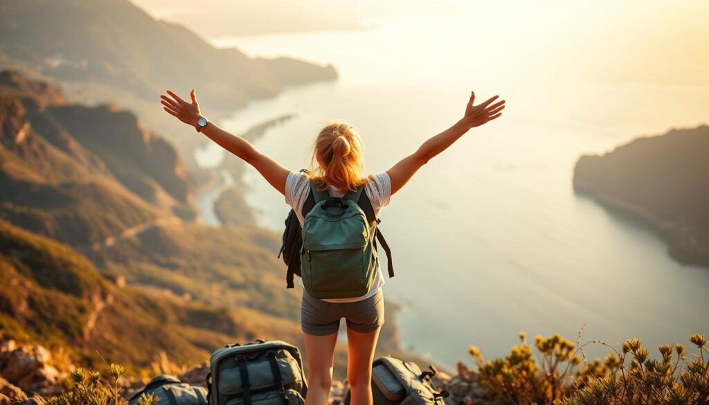 Woman standing confidently at scenic overlook during solo travel Woman standing confidently at scenic overlook during solo travel