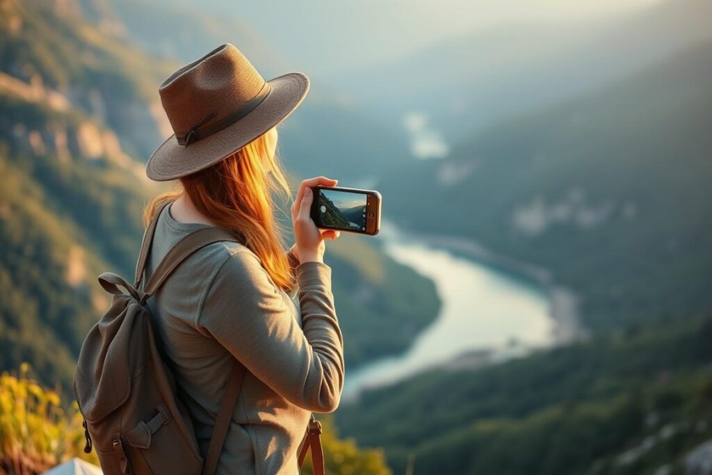 Woman taking photo of scenic landscape during solo travel Woman taking photo of scenic landscape during solo travel