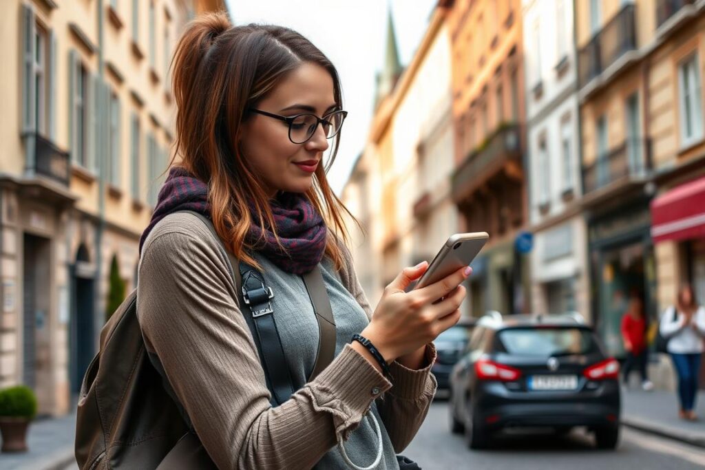 Woman using smartphone map in foreign city Woman using smartphone map in foreign city