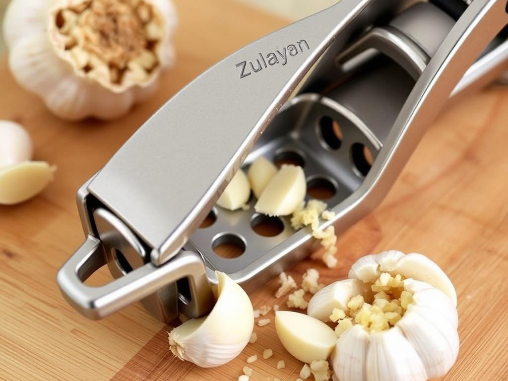 Zulay Kitchen Premium Garlic Press crushing garlic cloves