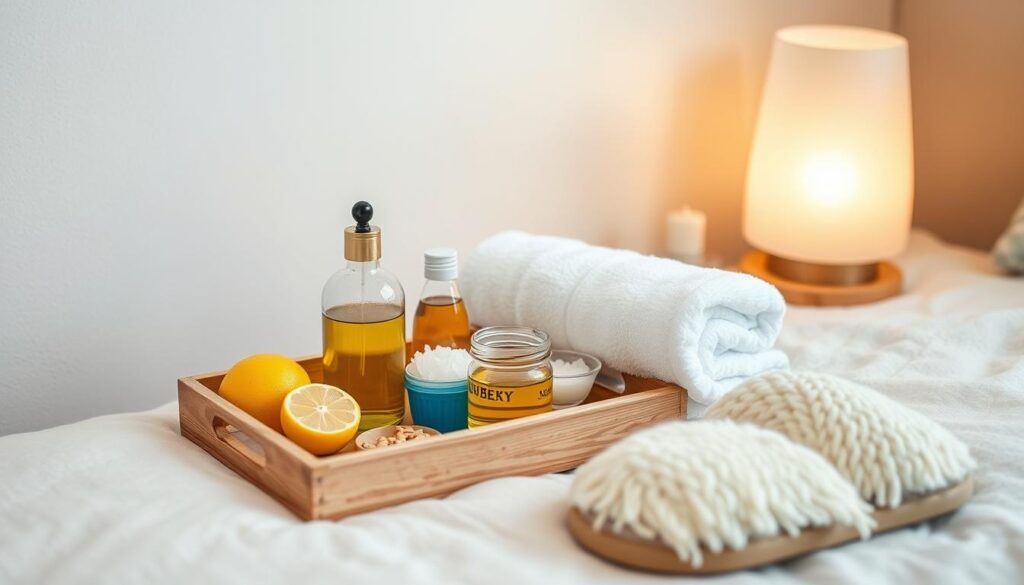 a cozy hand and foot care spa day at home on a budget, with a tray of natural nail care products like lemon, olive oil, and sea salt, a fluffy towel, and a pair of well-worn but comfy slippers, soft lighting from a tabletop lamp creating a calming ambiance, the scene set against a neutral colored wall with minimal decor, showcasing a simple, relaxing DIY manicure and pedicure session