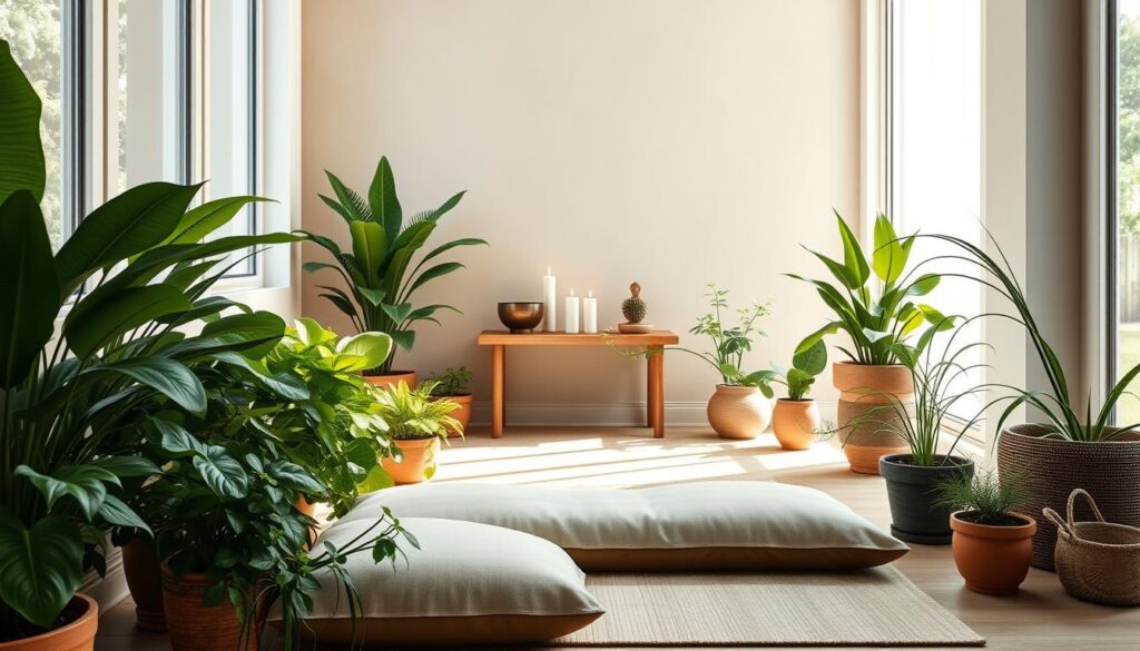 home meditation area setup with natural light and plants